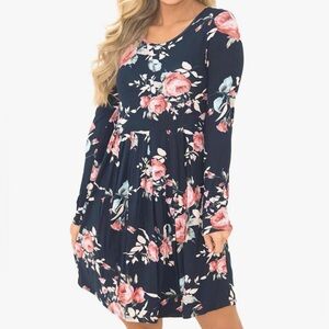 Navy Floral Long-Sleeve Swing Dress